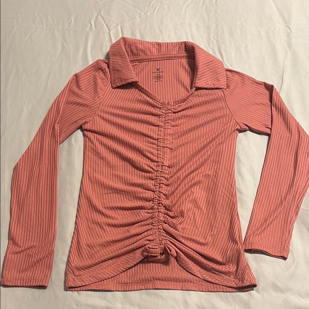 One Step Ahead Pink Ruched Notched Collar Blouse